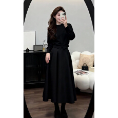 批发2026新款富家千金黑色针织套装连衣裙子女秋冬赫本风气质收腰长裙