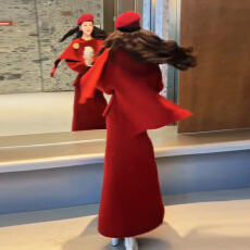 批发过年穿搭一整套装长裙女2026秋冬季新款千金感新年红色针织连衣裙