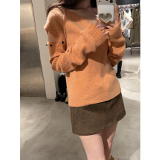 批发韩系漂亮橘色v领袖套针织毛衣女秋冬超好看宽松软糯套头长袖上衣
