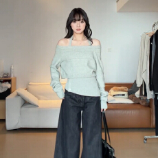 批发巨好看挂脖吊带内搭<b class='q'>毛衣</b>一字肩<b class='q'>针织衫</b>套装<b class='q'>女</b>韩系高级感两件套上衣