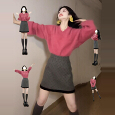 批发温柔风法式气质V领长袖<b class='q'>针织衫</b><b class='q'>女</b>款高腰波点半身裙秋冬季时尚套装