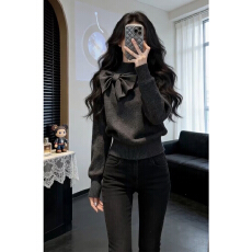 批发蝴蝶结复古灰色毛衣女秋冬2026新款慵懒高级感内搭打底衫针织上衣