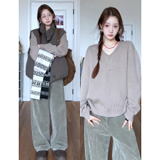 批发韩系v领毛衣女秋冬季2026新款宽松慵懒高级感可外穿内搭针织上衣