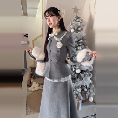 批发2026新款灰色毛呢套装<b class='q'>连衣裙</b>子女装秋冬季富家千金miu系穿搭长裙