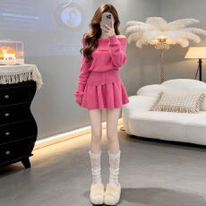 批发一字肩<b class='q'>粉色</b>毛衣针织<b class='q'>连衣裙</b>子女秋冬季2026新款巨好看韩系穿搭套装