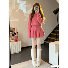 批发一字肩<b class='q'>粉色</b>毛衣针织<b class='q'>连衣裙</b>子女秋冬季2026新款巨好看韩系穿搭套装