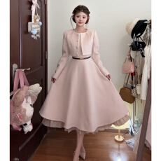 小香风粉色外套连衣裙套装女2026巨好看富家千金风高级感法式长裙