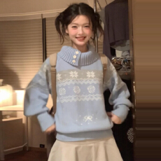 费尔岛蓝色高领针织衫毛衣女秋冬季2026新爆款独特漂亮miu系上衣