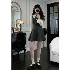 批发韩系学院风法式气质假两件连衣裙子女春秋2026新款小个子绝美套装