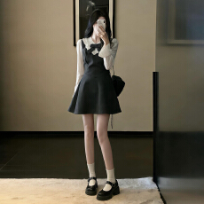 批发韩系学院风法式气质假两件连衣裙子女春秋2026新款小个子绝美套装