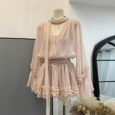 批发粉色<b class='q'>雪纺</b>连衣裙女海边丁达尔裙法式气质特别漂亮掐腰小裙子纯欲春