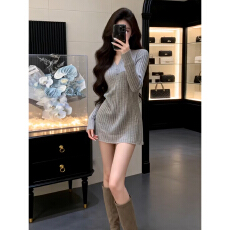 批发巨好看灰色v领毛衣针织<b class='q'>连衣裙</b>子女<b class='q'>春秋</b>2026新款绝美掐腰包臀短裙