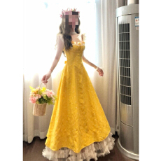 批发法式黄色吊带连衣裙子女2025春季新款高级感气质<b class='q'>长裙</b>收腰仙女<b class='q'>长裙</b>