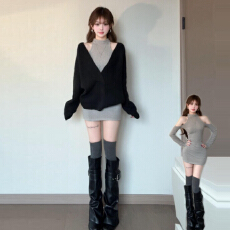 批发2026新款性感纯欲穿搭灰色挂脖连衣裙子女装秋<b class='q'>冬</b>季包臀裙毛衣套装