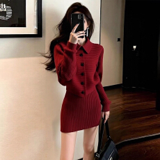 批发小个子气质高级感富家千金miu系红色新年针织连衣裙子女<b class='q'>套装</b>早春