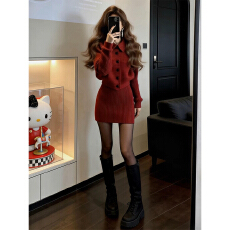 批发小个子气质高级感富家千金miu系红色新年针织连衣裙子女<b class='q'>套装</b>早春