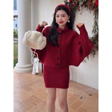 批发小个子气质高级感富家千金miu系红色新年针织连衣裙子女<b class='q'>套装</b>早春