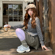 批发韩系复古波点撞色假两件针织开衫<b class='q'>毛衣</b><b class='q'>女</b>春秋季设计感百搭长袖上衣