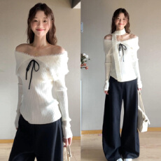 批发白色一字肩针织衫毛衣女秋<b class='q'>冬</b>季2026新款独特漂亮修身内搭打底上衣