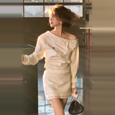 批发一字肩斜肩白色<b class='q'>卫衣</b><b class='q'>连衣裙</b>子女2026新款早春韩系穿搭包臀短裙套装