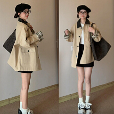 批发美式复古撞色格纹拼接中长款风衣外套早秋穿搭高级宽松设计感大衣