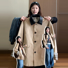 批发美式复古撞色格纹拼接中长款风衣外套早秋穿搭高级宽松设计感大衣