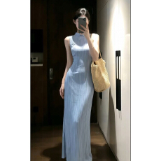 批发早春新中式蓝色无袖背心连衣裙子女夏季2026<b class='q'>新款</b>高知得体<b class='q'>旗袍</b>长裙