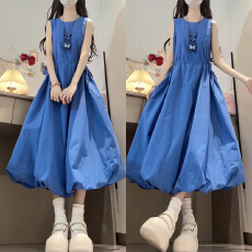 批发法式蓝色无袖背心<b class='q'>连衣裙</b>子女夏季2026新款海边度假高级感花苞长裙