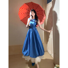 批发法式蓝色无袖背心<b class='q'>连衣裙</b>子女夏季2026新款海边度假高级感花苞长裙