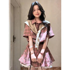批发早春<b class='q'>学院风</b>粉色格子<b class='q'>衬衫</b>连衣裙子女2026新款韩系特别漂亮掐腰短裙