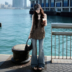 批发韩系辣妹风豹纹挂脖无袖上衣女夏季设计感飘带荷叶边宽松<b class='q'>雪纺</b>背心