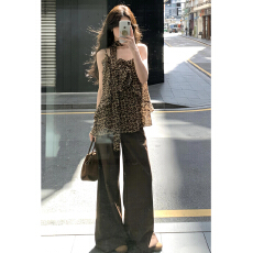 批发韩系辣妹风豹纹挂脖无袖上衣女夏季设计感飘带荷叶边宽松<b class='q'>雪纺</b>背心
