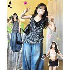 批发美式复古撞色条纹吊带背心女夏外穿2026新款慵懒风无袖上衣两件套