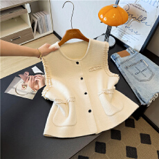 批发实拍蕾丝拼接木耳边小香风圆领马夹女2025秋新款百搭甜美气质上衣