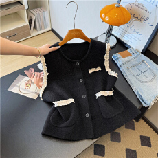 批发实拍蕾丝拼接木耳边小香风圆领马夹女2025秋新款百搭甜美气质上衣