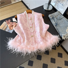 批发实拍粉色宝相新中式鸵鸟毛夹棉<b class='q'>马甲</b>秋冬粉色提花圆领国风百搭上衣