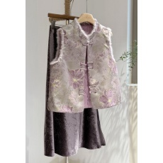 批发新中式国风盘扣<b class='q'>真丝</b>宋锦夹棉马甲女装2025春秋新款高端水貂毛棉服