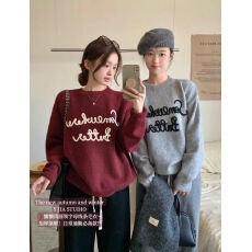 批发慵懒风圆领字母毛衣卫衣女春装宽松韩系chic针织刺绣漂亮<b class='q'>短</b>款上衣