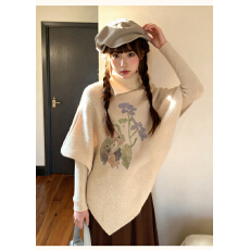 批发杏色不规则高领毛衣女秋季秋冬<b class='q'>宽松</b>慵懒风蝙蝠袖针织衫上衣