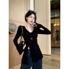 批发设计感喇叭长袖<b class='q'>针织</b>衫女春秋中<b class='q'>长款</b>收腰v领打底衫不规则开叉上衣