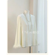 批发UNUS稚壹 真丝绒新中式国风鸵鸟毛长袖<b class='q'>T</b><b class='q'>恤</b>圆领上衣秋冬穿搭打底衫