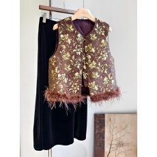 洋气年轻款新中式马甲女秋冬夹棉真毛鸵鸟毛日常背心搭配套装国风