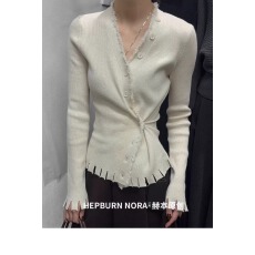 批发HEPBURN赫本侧扣毛边<b class='q'>不规则</b>针织<b class='q'>开衫</b>女2025新款高级感V领毛毛上衣