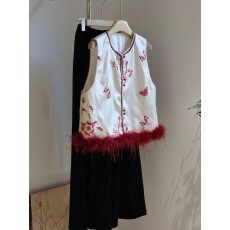 批发新中式短款国风马甲女款2025新款羽毛拼接提花马夹唐装上衣<b class='q'>冬</b>