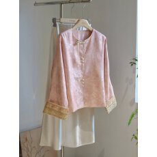 批发春款新中式国风粉色开衫<b class='q'>外套</b>女高级感减龄年轻款上衣落肩袖宽松薄