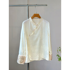 批发新中式立领白色衬衫上衣女宽松长袖内搭打底小衫减龄国风缎面提花