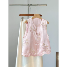 批发高级感粉色新中式醋酸刺绣马甲女2026年轻款温柔显白无袖坎肩白色