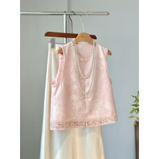 批发新中式粉色钉珠刺绣马甲女薄款背心年轻外搭减龄国风坎肩缎面提花