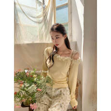 批发GS十三行女装春季韩系浪漫纯欲风斜领花边<b class='q'>网纱</b>针织衫鹅黄色上衣