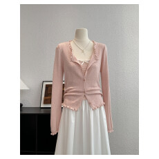 批发春季木耳边<b class='q'>针织</b><b class='q'>开衫</b>女薄款条纹长袖防晒吊带背心两件套显瘦上衣